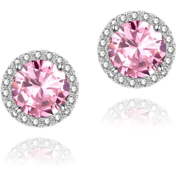 Women's Round Pink Birthstone Elegant Mall Dainty Halo Cubic Zirconia Earring - Picture 1 of 6